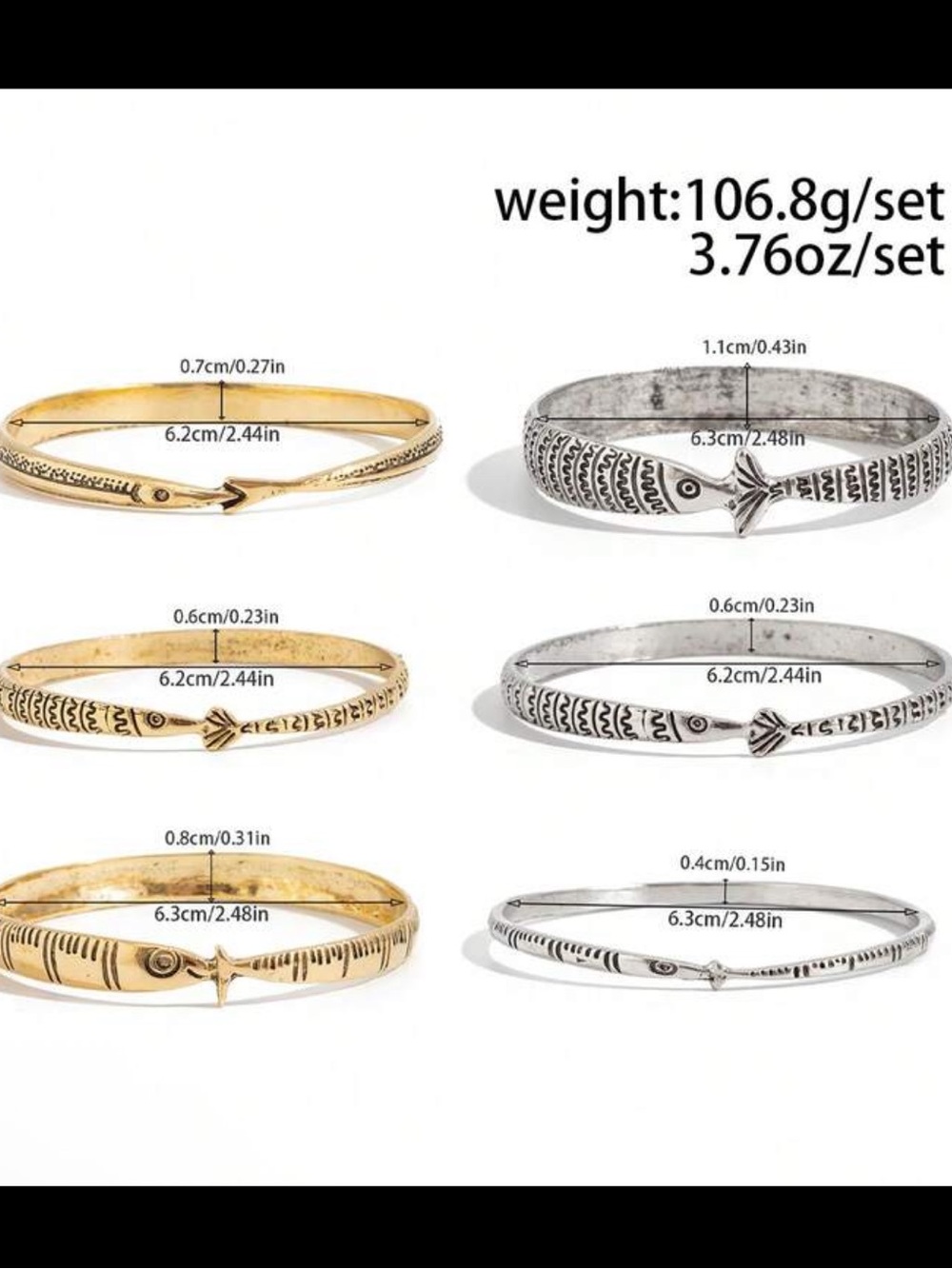 Zara Mixed Metal Fish Motif Bangle Set - Gold & Silver - Picture 3 of 5